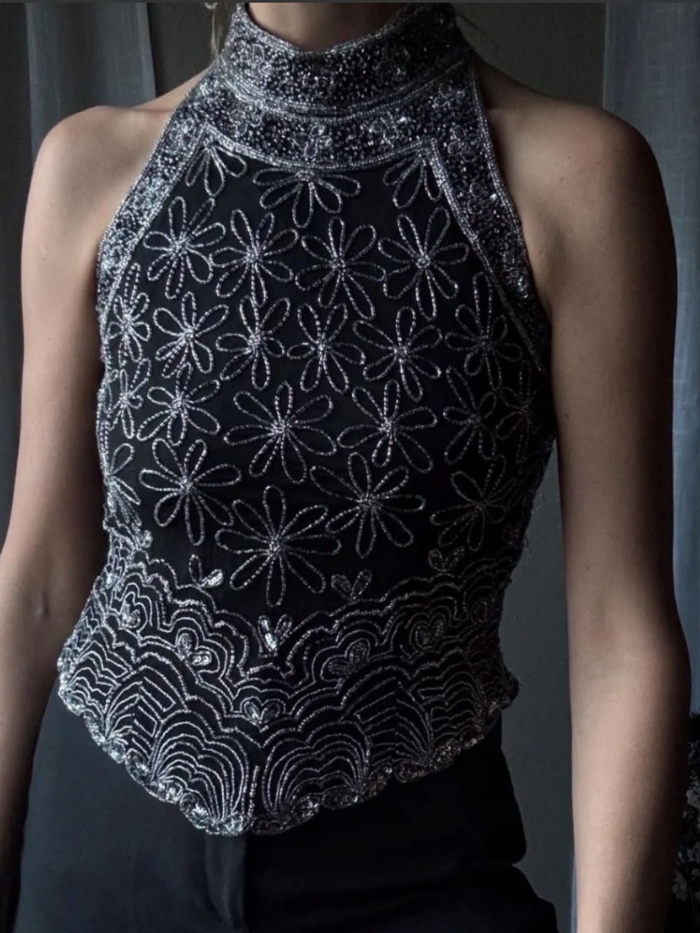 VTG Adrianne Papell Boutique Black Halter Beaded Floral Top, NWT EXQUISITE!